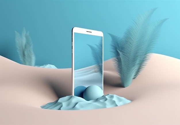 Holiday cyber creative mock up concetto telefono palma sabbia estate mare Generativo AI