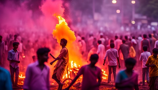 Holika Dahan La gente celebra il festival di Holi nel Maharashtra, in India