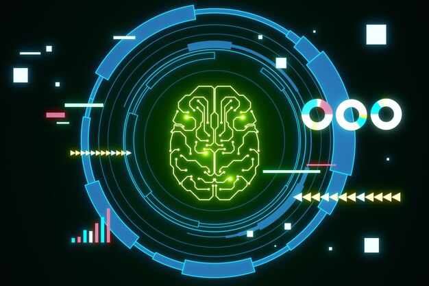Hologramma cerebrale rotondo luminoso creativo su sfondo scuro Chat di intelligenza artificiale assistente bot GPT e concetto di apprendimento automatico Rendering 3D