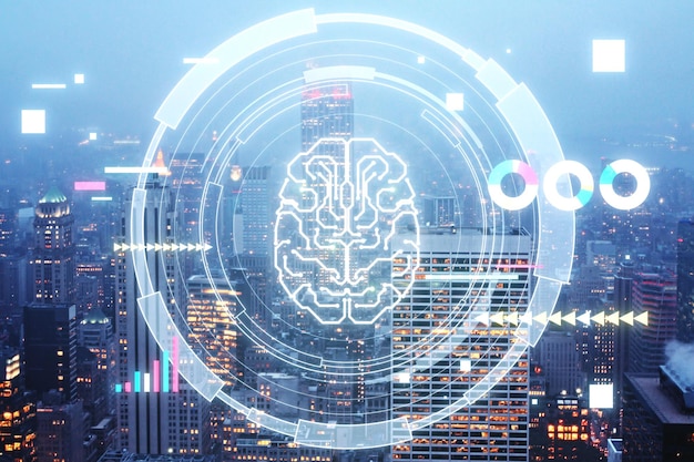 Hologramma cerebrale rotondo luminoso creativo sullo sfondo sfocato e luminoso della città Chat di intelligenza artificiale Assistente bot GPT e concetto di apprendimento automatico Doppia esposizione
