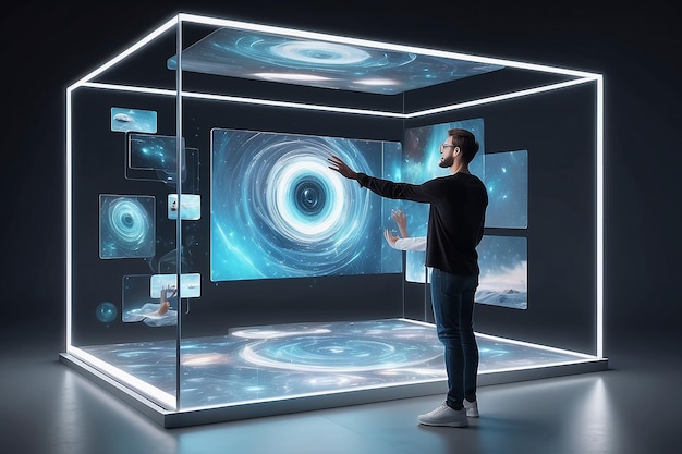 Holographic AR Art Floating Screens Mockup con elementi interattivi