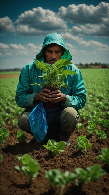 Hombre Agricultor Sosteniendo Planta Verde en campo de agricultura