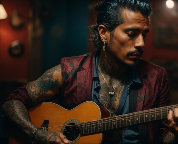 Hombre con Tatuaje en Todo el Brazo Tocando Guitarra Acustica