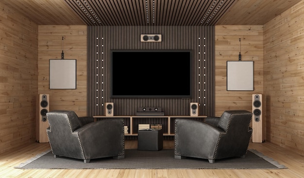 Home cinema in sala in stile rustico con due poltrone in pelle e tv a schermo piatto