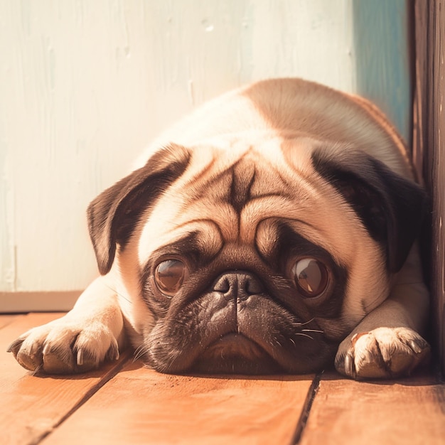 Home comfort Cuccino pug sdraiato su un pavimento di legno Per social media Post Size