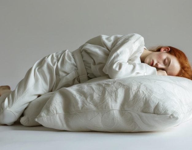 Home cuscino e dormire con la donna pace e rilassarsi con l'insonnia persona stanca ed esausta letto o