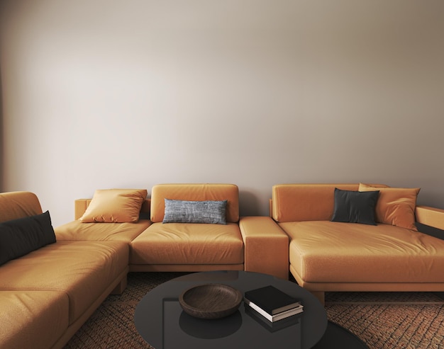 Home mockup picture frame beige living room interior design con mobili arancioni naturali scandi boho