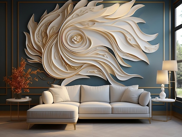 Home Mural Interiore Pittura murale per il soggiorno con pareti dorate di lusso e sfondo bianco