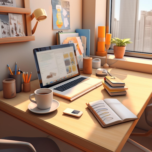 Home office accogliente con un portatile, libri, tazza da caffè e pianta