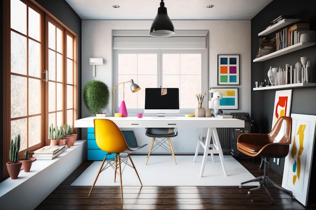 Home office con sedia da scrivania e accessori colorati IA generativa