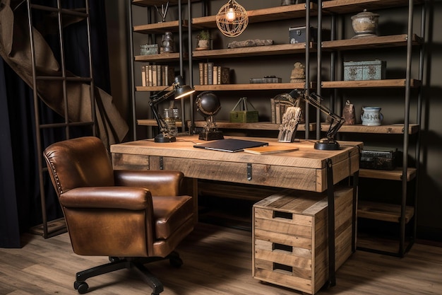 Home office con una sedia in pelle da scrivania in legno di recupero e mensole ricavate da vecchie casse