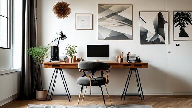 Home office contemporaneo con scrivania in piedi e opere d'arte moderna