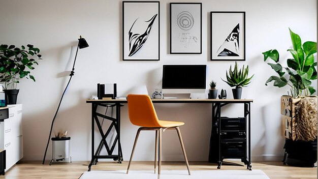 Home office contemporaneo con scrivania in piedi e opere d'arte moderna