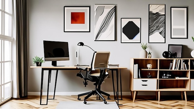 Home office contemporaneo con scrivania in piedi e opere d'arte moderna