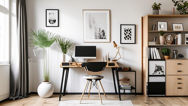 Home office contemporaneo con scrivania in piedi e opere d'arte moderna