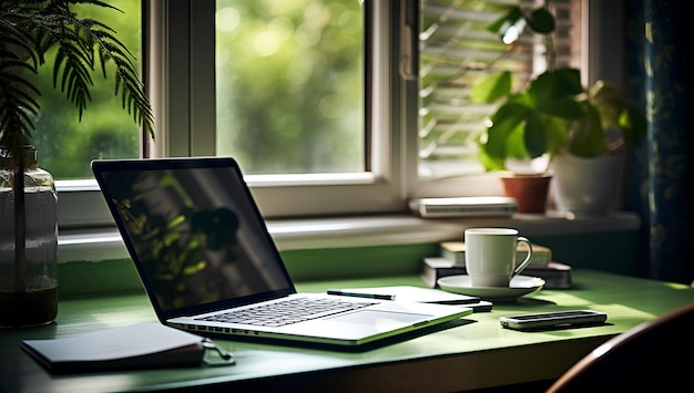 Home Office Desk con laptop sul tavolo vicino alla finestra.