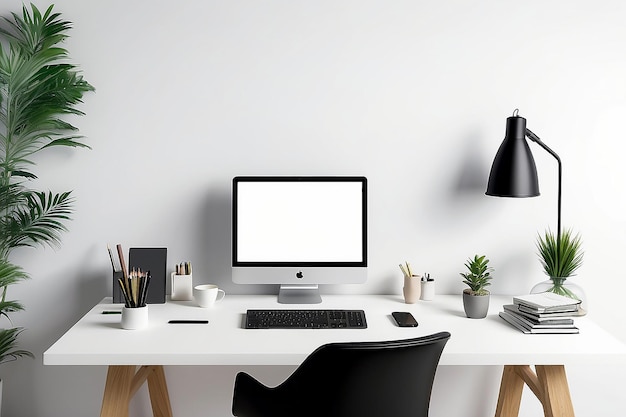 Home Office Desk Mockup Impostazione del design dello spazio bianco vuoto