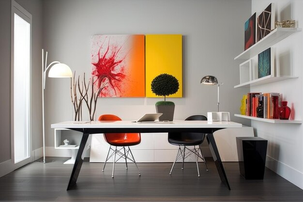 Home office minimalista con mobili moderni ed eleganti e tocchi di colore creati con l'intelligenza artificiale generativa