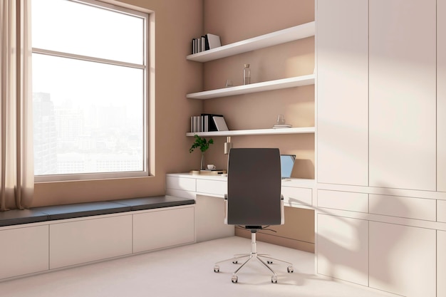 Home office minimalista con ombre proiettate dalla luce solare e viste sulla città Rendering 3D