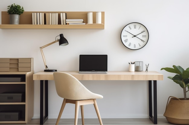 Home office moderno con scrivania in legno e sedia da ufficio