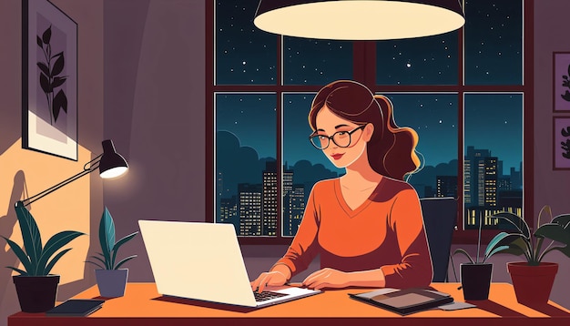 Home Office Nights Illustrazione di una donna che lavora fino a tardi