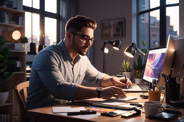 Home Office Un uomo immerso nel mondo creativo della fotografiaEditing Crafting timeless visuals