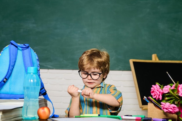 Home Schooling torna a scuola studente di scuola elementare scrivere sul posto di lavoro carino bambino ragazzo facendo