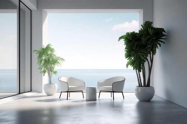Home sedia pianta da interno bianco vuoto finestra parete pavimento design interno AI generativa