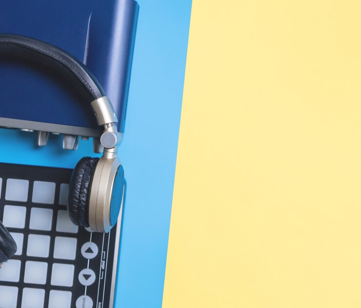 Home Strumento di studio musicale con cuffia su spazio giallo blu copia per concetto di musica
