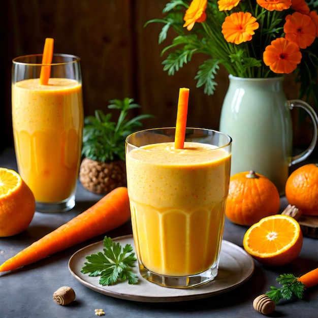 Homemade Healthy Organic Curcumin Carrot Orange Goji Berries Smoothie Colazione