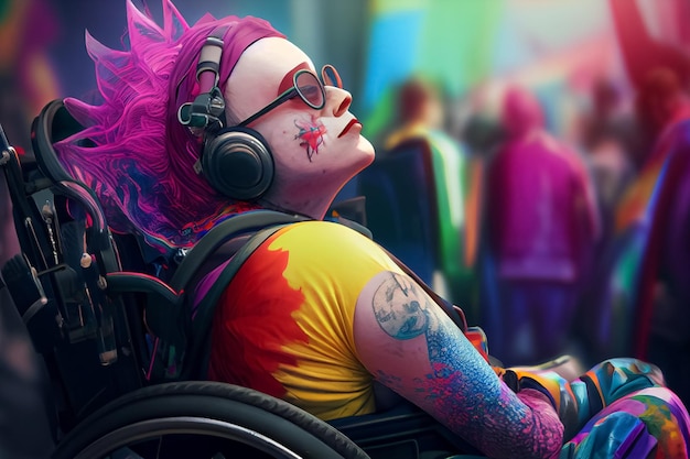 Homosessuali queer e disabili in rnbowcolours in wheelchr al gay pride