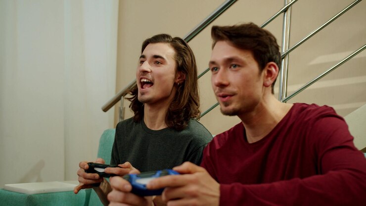 Photo homosexual couple playing video game at home