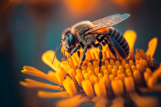 Honey Bee che raccoglie polline sul fiore giallo Generative AI