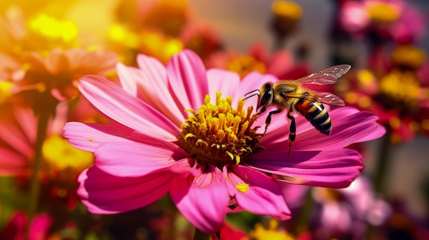 Honey Bee su un fiore con centro giallo e petali di rosa