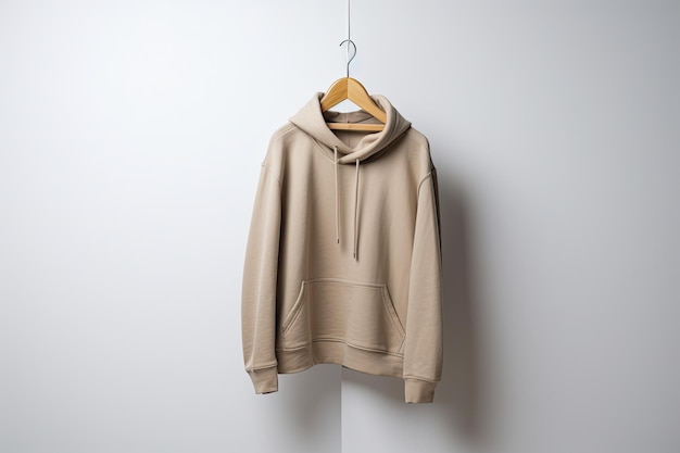 Hoodie bianco ben appeso su un appendiabiti in legno su uno sfondo bianco che mostra il minimalismo