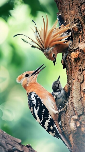 Hoopoe eurasiatico upupa epops alimenta il pulcino all'interno