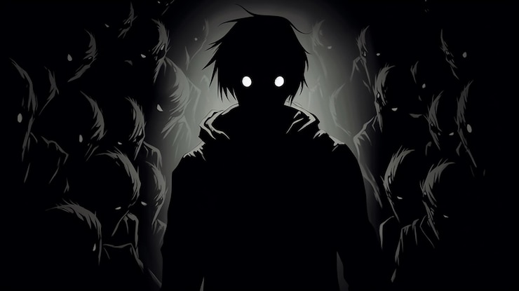 horror illustration of a boy and shadow monster hiding in the darkness