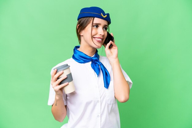 Hostess dell'aeroplano su sfondo chroma key isolato che tiene il caffè da portare via e un cellulare