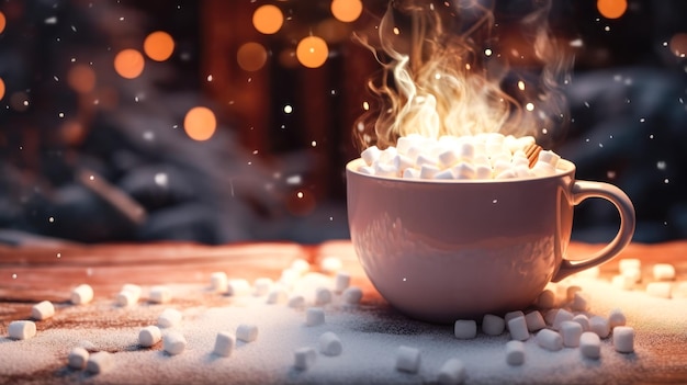 Hot Cocoa Comfort Una foto calda e deliziosa di una tazza di cacao caldo con vapore e marshmallows