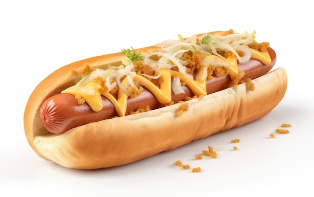 Hot dog alla griglia con senape e cipolla isolati su uno sfondo bianco