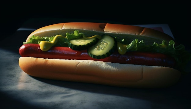 Hot dog alla griglia su panino con cipolla ketchup e sottaceti generati dall'intelligenza artificiale