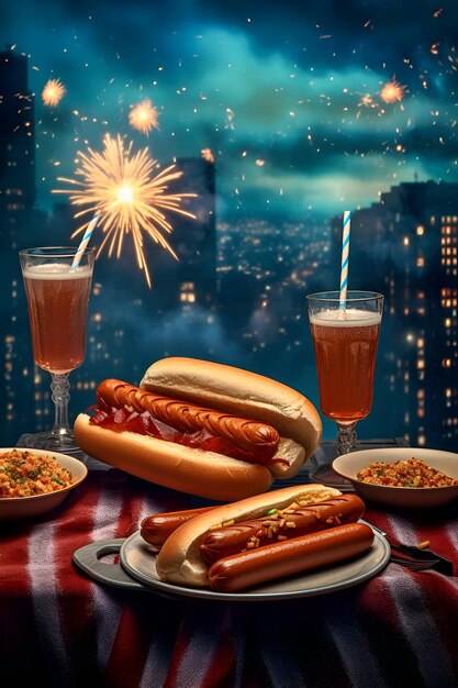 Hot dog con bevande sullo sfondo dei fuochi d'artificio della Festa del Lavoro