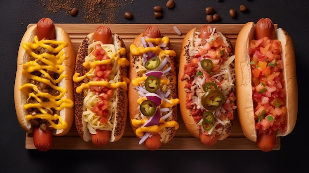 Hot dog con coperture diverse su uno sfondo scuro