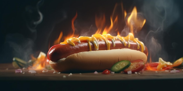 Hot dog con formaggio fuso su sfondo fiammeggiante Creato con tecnologia AI generativa