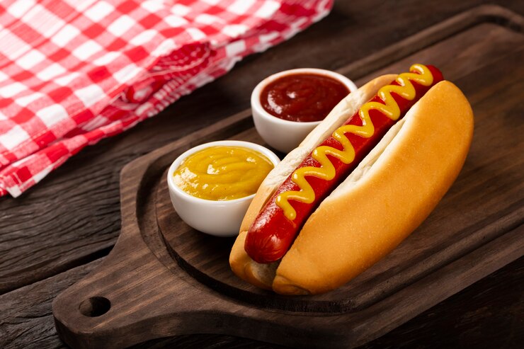 Hot dog con ketchup e senape gialla