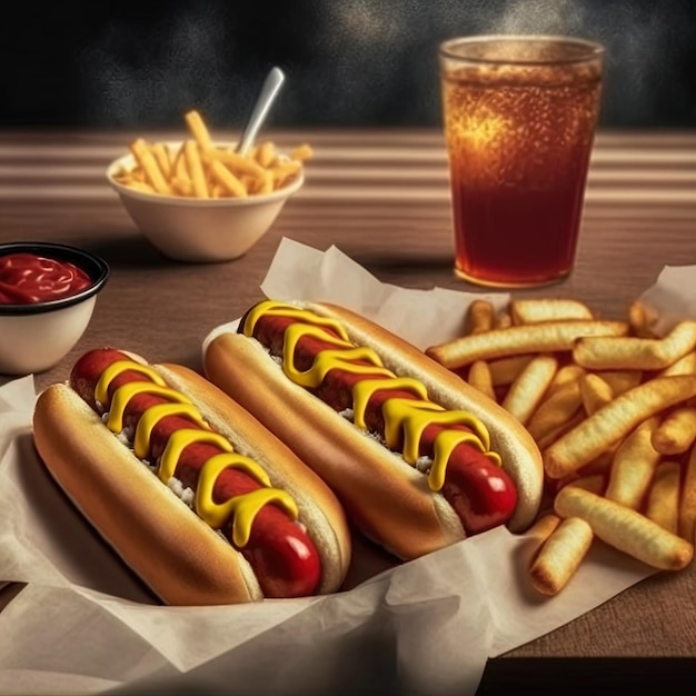 Hot dog con ketchup, senape gialla, patatine fritte e soda.