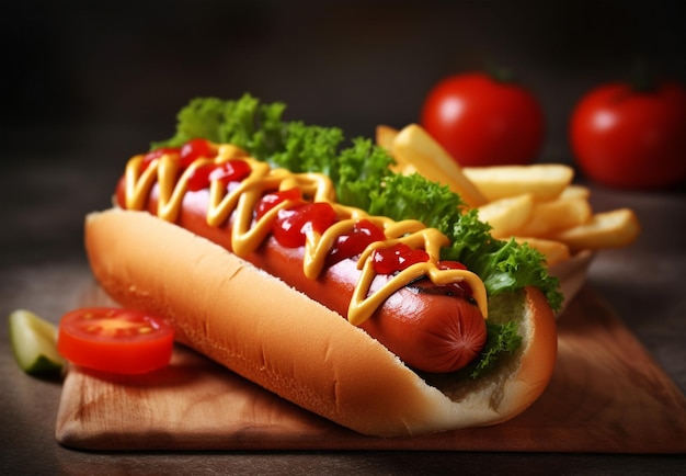 Hot dog con salsa di cipolle fritte sottaceti e primo piano di senape su fondo rustico