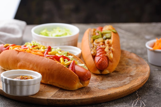 Hot dog con salsicce tradizionale americano fast food