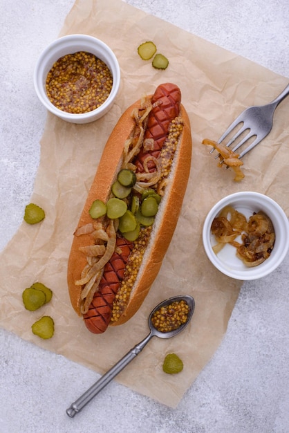 Hot dog con salsicce tradizionale fast food americano