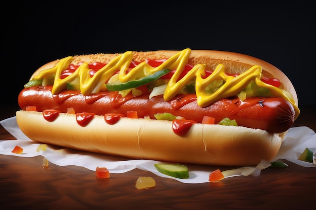 Hot dog con salsiccia, cetrioli, lattuga e pomodori Menù street food IA generativa